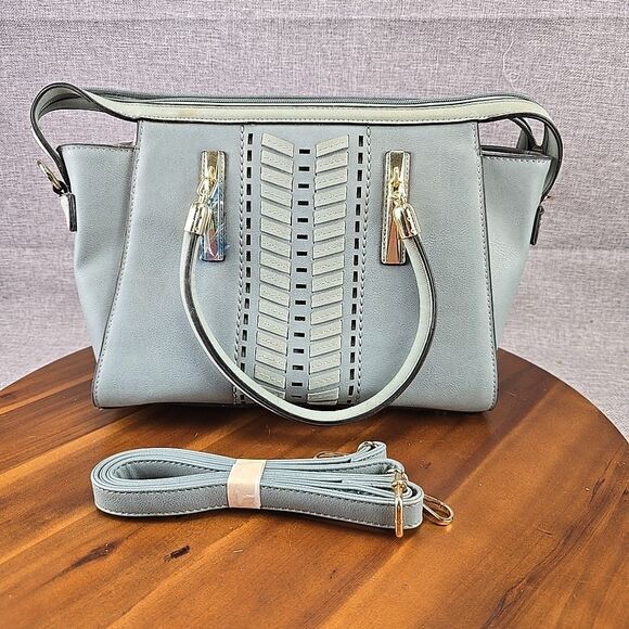 Women’s Blue Faux Leather‎ Satchel Handbag Medium Zip Gold Hardware Chic - Picture 1 of 9